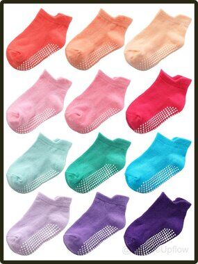 Toddler Socks Non Slip Grip Ankle Cotton Blend 12 Pack Silicone Dots Kids Cute